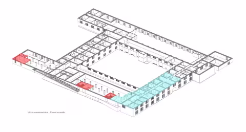 Riconversione ad asilo nido di parte dell’ala ponente della ex caserma Gavoglio:  vista assonometrica - piano secondo