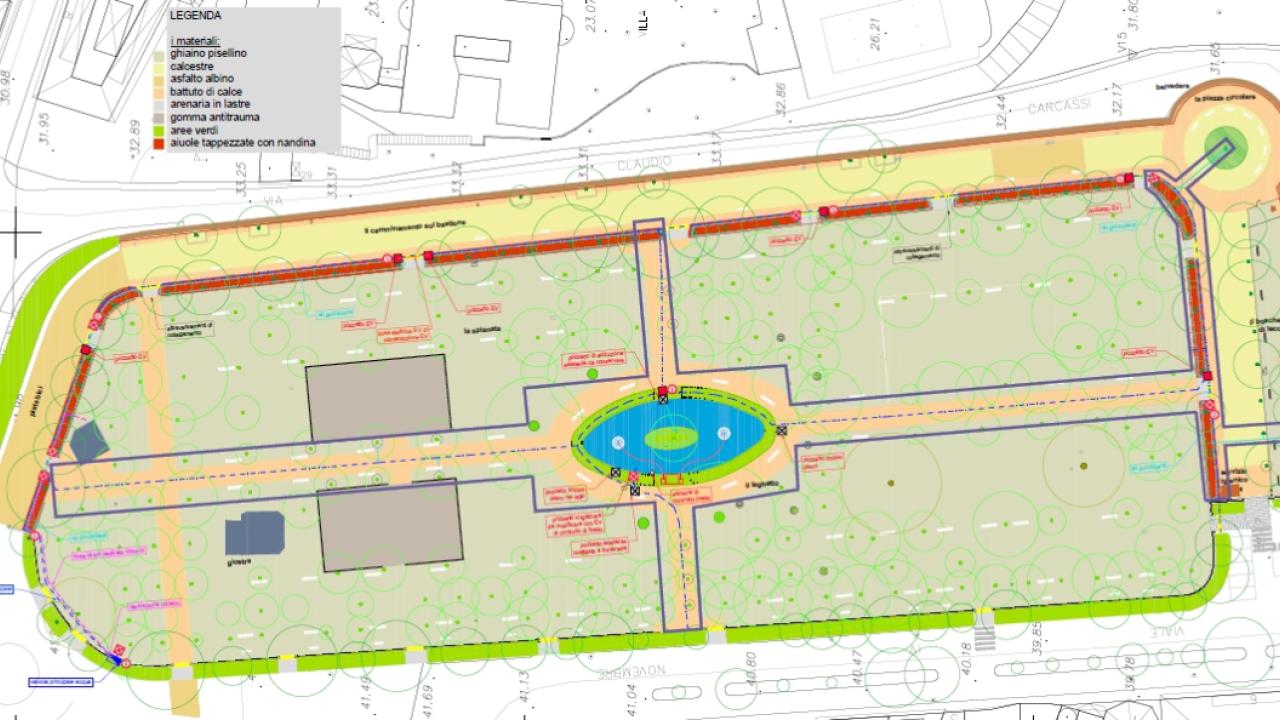 Parco dell'Acquasola, Viale IV Novembre: riqualificazione - Planimetria materiali pavimentazioni