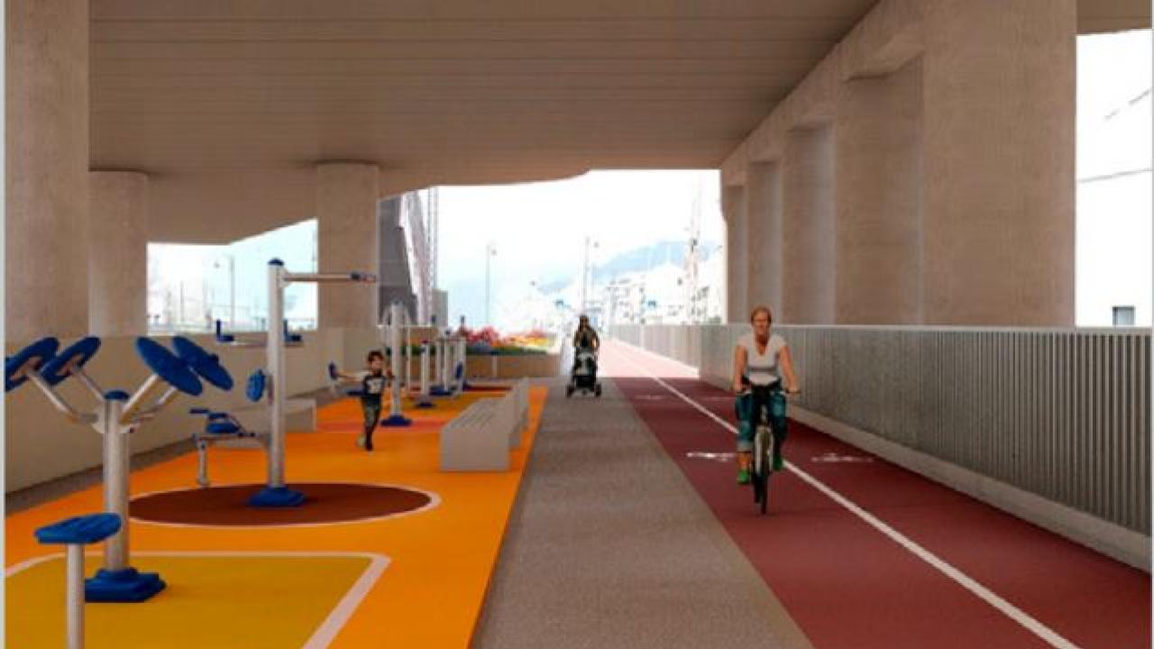 Lavori di completamento del sistema dei percorsi pedonali e ciclabili nell'area di Pra' Marina e valorizzazione spazi sponda destra Foce Rio San Pietro: Pra' Palmaro - Intervento B: Area sedime ex ferrovia: rendering